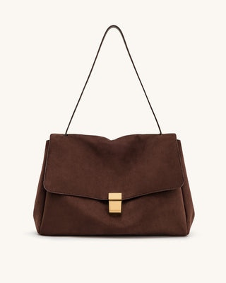 PREORDER-Hilary Faux Suede Shoulder Bag - Chocolate Brown