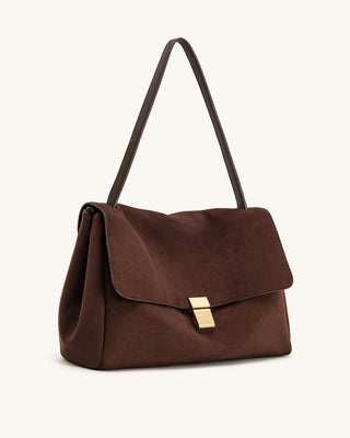 PREORDER-Hilary Faux Suede Shoulder Bag - Chocolate Brown