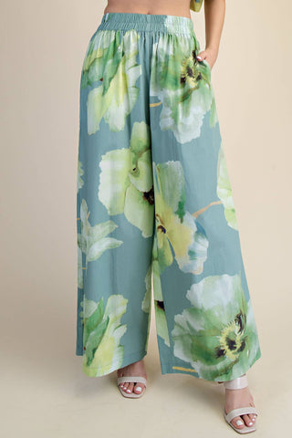 Jillian High Waist Ruffle Waist Flower Wide Pants