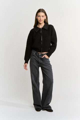 Harley Leather Collared Knit Zip Up