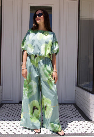 Jillian High Waist Ruffle Waist Flower Wide Pants