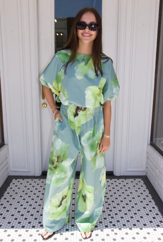 Jillian High Waist Ruffle Waist Flower Wide Pants
