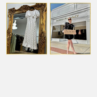 Collage of images featuring a woman in a dress, a building, and decorative elements. Fashion Pharmacy Boutique in Ada, OK