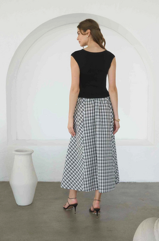 moon river sleeveless boat neck plaid skirt midi dress