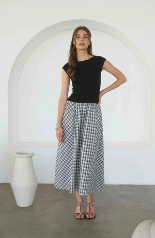 moon river sleeveless boat neck plaid skirt midi dress