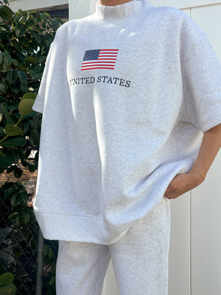 Sunkissed Coconut - United States Flag Embroider Mockneck Short Sleeve Sweatshirt-option1]-Fashion Pharmacy Boutique-Ada Oklahoma Clothing Store for Women