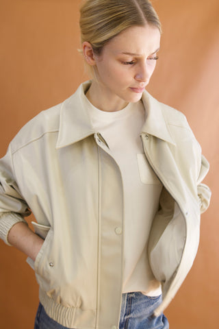 Tilly Faux Leather Bomber Jacket- Cream