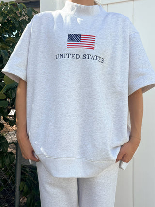 Sunkissed Coconut - United States Flag Embroider Mockneck Short Sleeve Sweatshirt-option1]-Fashion Pharmacy Boutique-Ada Oklahoma Clothing Store for Women