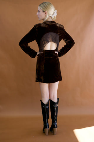 Sloane Long Sleeve Halter Back Velvet Fringe Dress