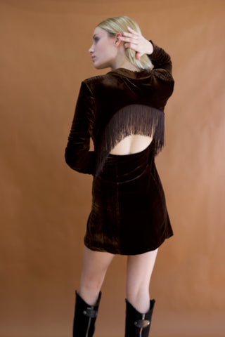 Sloane Long Sleeve Halter Back Velvet Fringe Dress